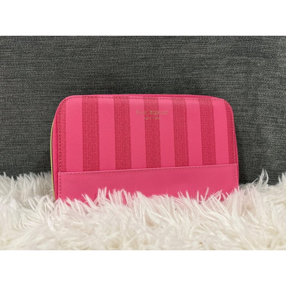 Isaac Mizrahi New York Pink Striped Zip Wallet With Gold Accents & Card Pockets